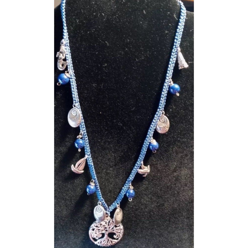 Tree Of Life Bohemian Charm Necklace on Blue Cord Silver Tone Charms Lovely